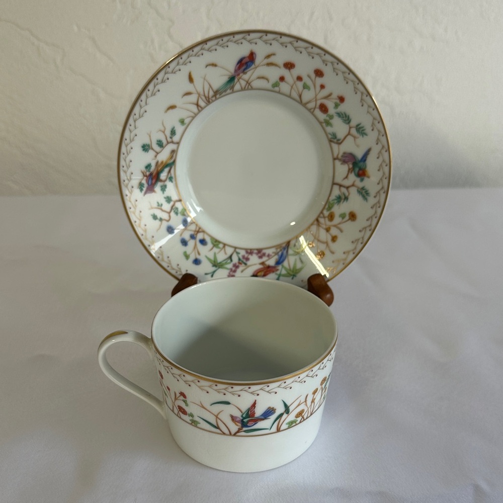 Tiffany & Co. Gold and White Audubon Bird Motif Cup and Saucer